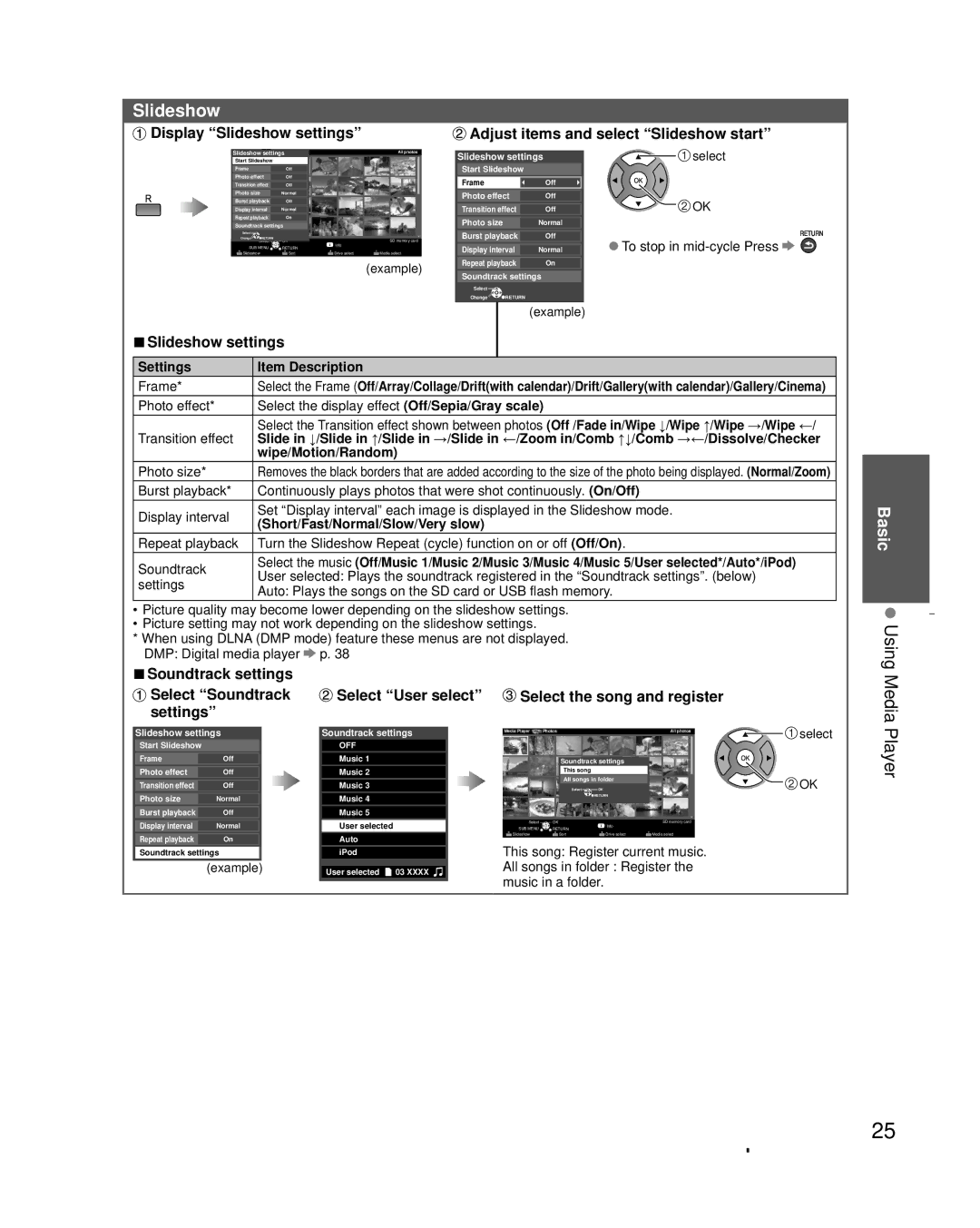 Panasonic TC-L32X30 owner manual Using Media, Player, Slideshow settings 