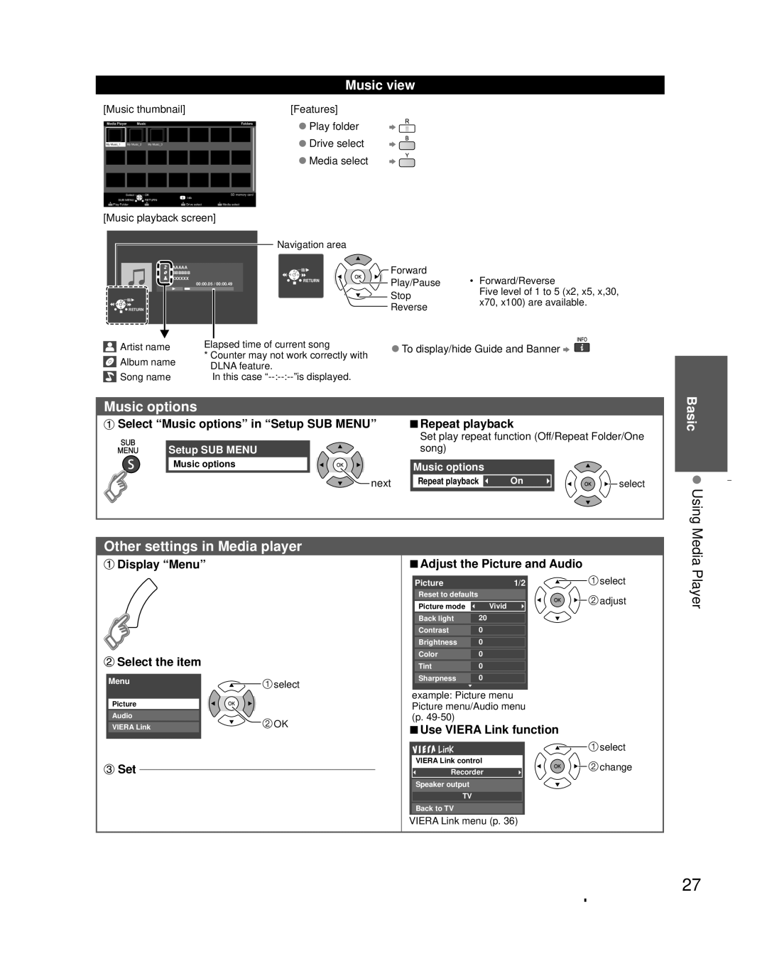 Panasonic TC-L32X30 owner manual Music options, Using, Other settings in Media player, Media Player, Music view 