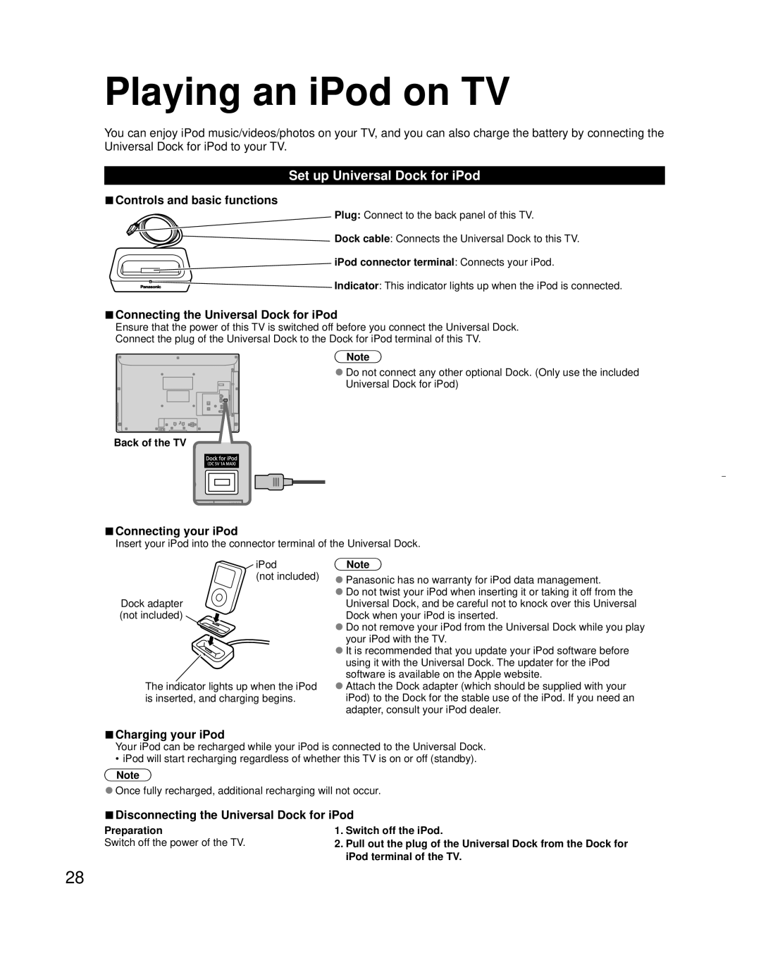 Panasonic TC-L32X30 owner manual Playing an iPod on TV, Set up Universal Dock for iPod 