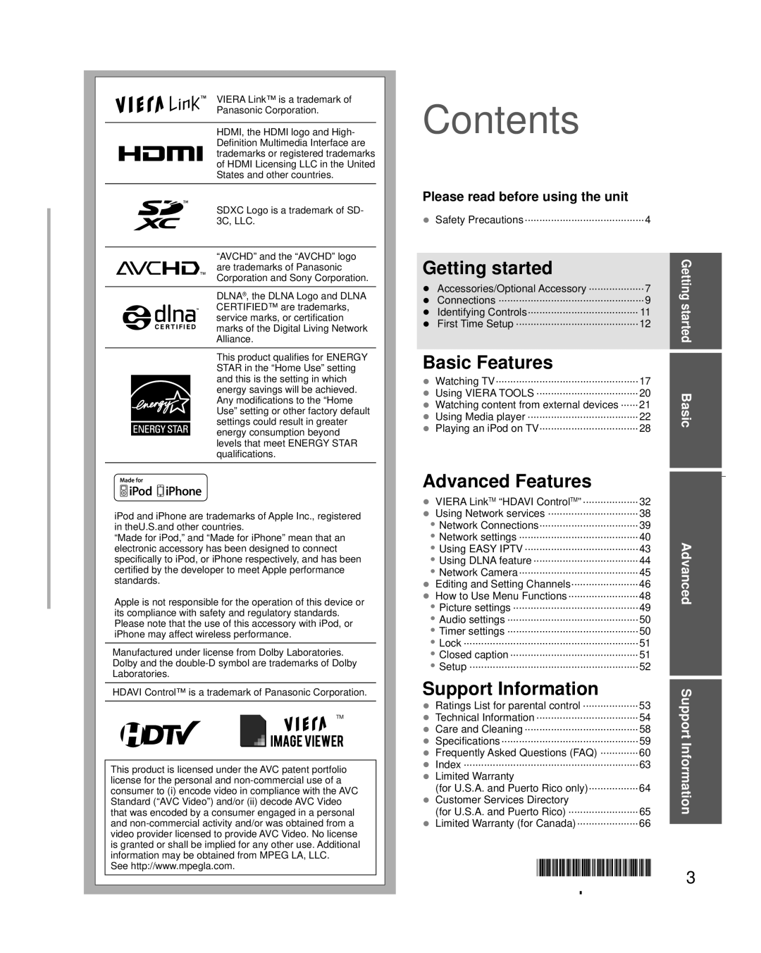 Panasonic TC-L32X30 owner manual Contents 