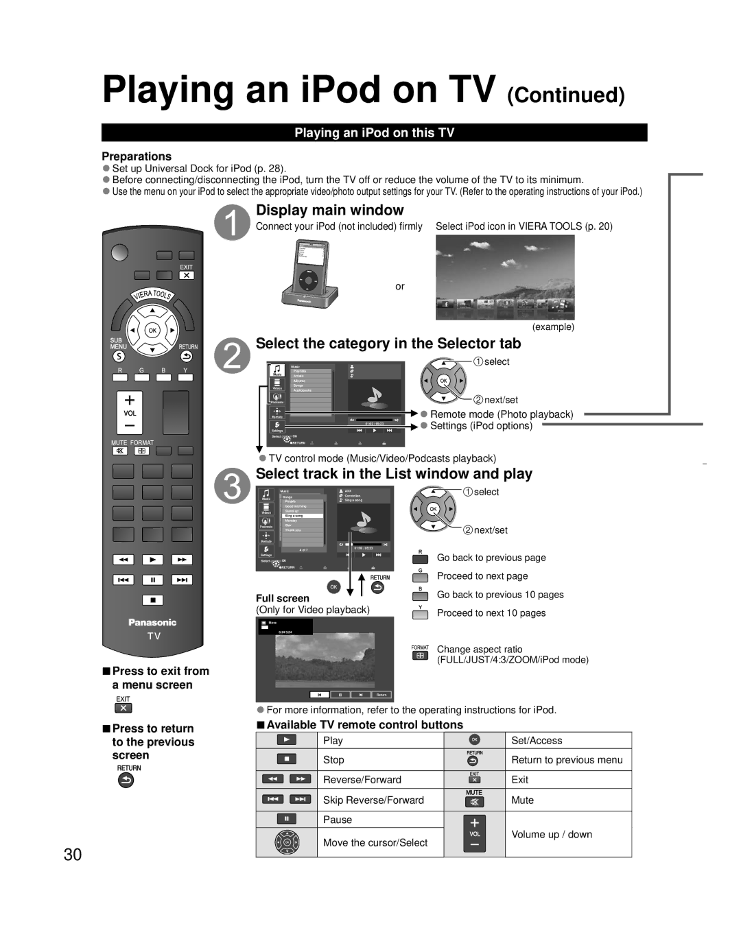 Panasonic TC-L32X30 Display main window, Select the category in the Selector tab, Select track in the List window and play 