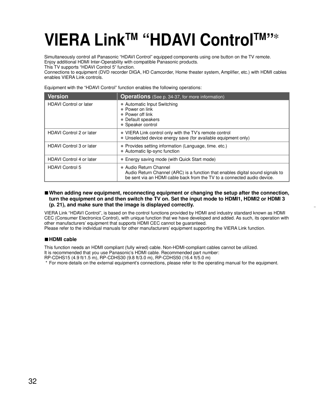 Panasonic TC-L32X30 owner manual Viera LinkTM Hdavi ControlTM, Version, Hdmi cable, Equipment only 