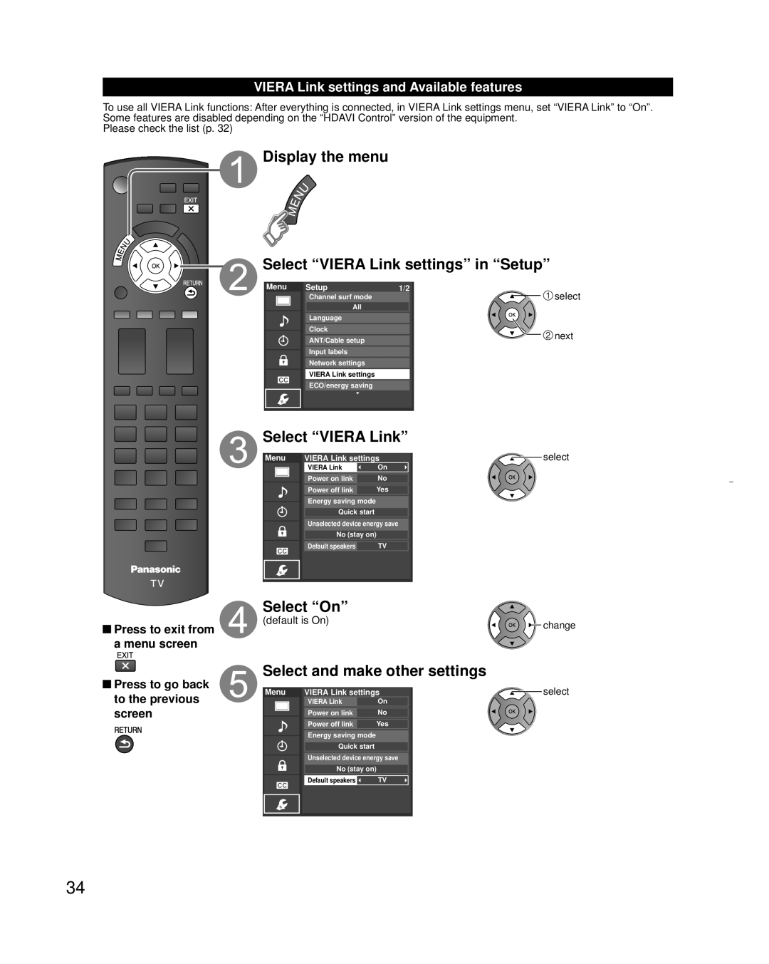 Panasonic TC-L32X30 owner manual Select Viera Link, Select On, Default is On 