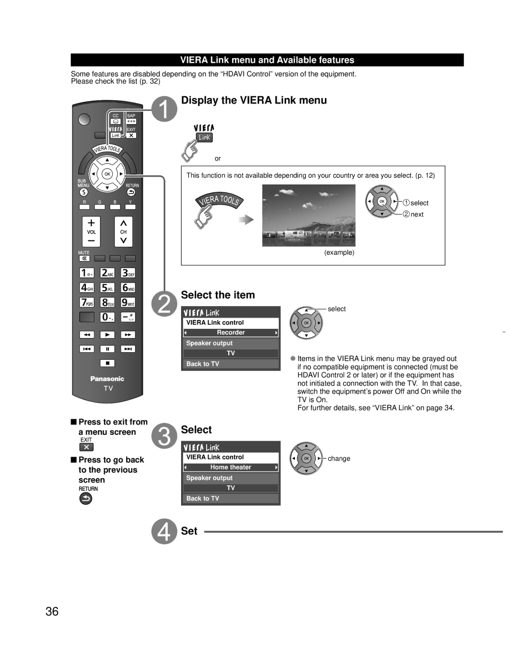 Panasonic TC-L32X30 owner manual Display the Viera Link menu, Select, Set, Viera Link menu and Available features 