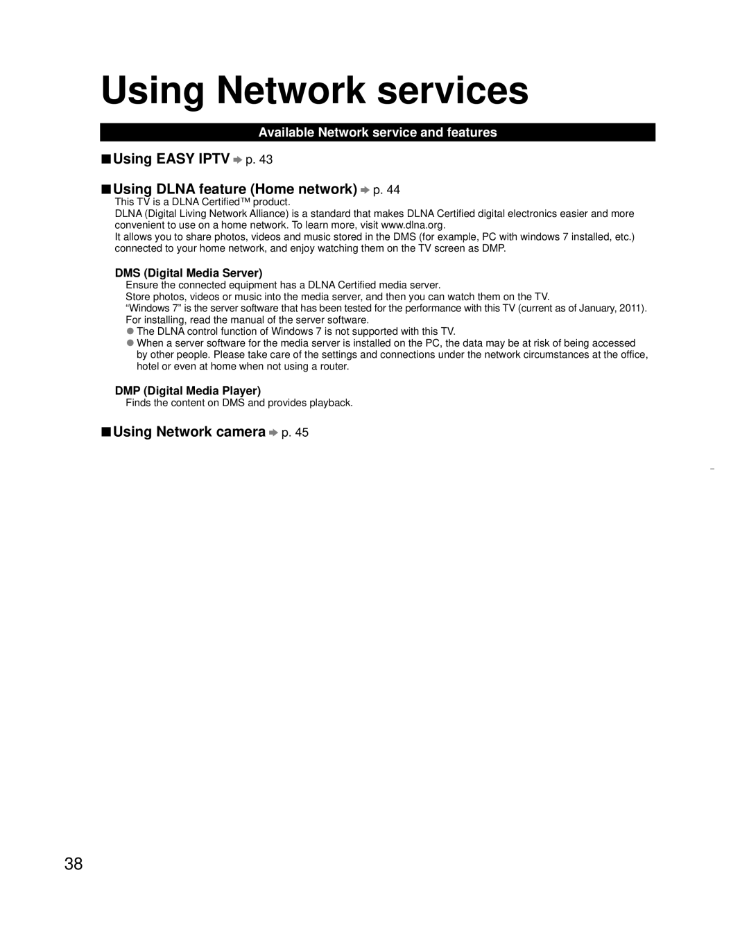 Panasonic TC-L32X30 Using Network services, Using Easy Iptv p Using Dlna feature Home network p, Using Network camera p 