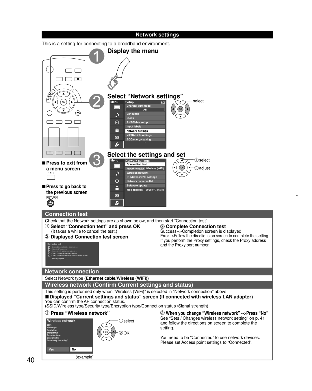 Panasonic TC-L32X30 owner manual Display the menu Select Network settings, Select the settings and set, Connection test 