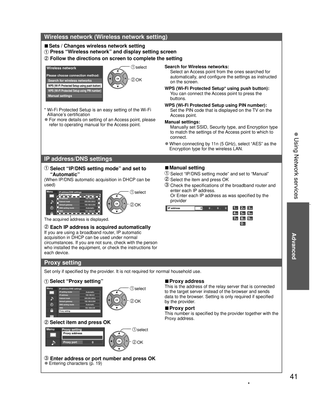 Panasonic TC-L32X30 owner manual Wireless network Wireless network setting, IP address/DNS settings, Proxy setting 