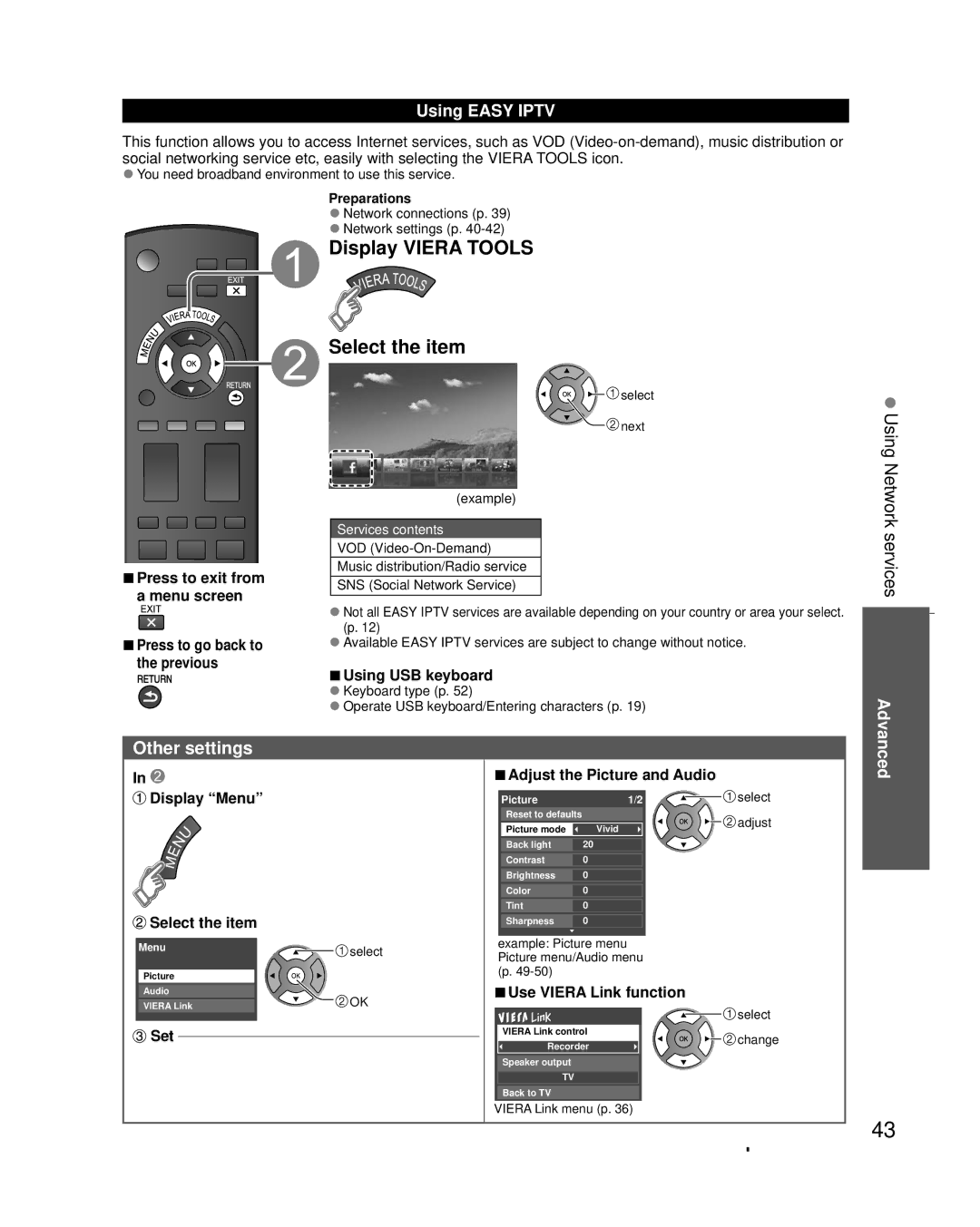 Panasonic TC-L32X30 owner manual Other settings, Using Easy Iptv, Press to go back to the previous, Using USB keyboard 