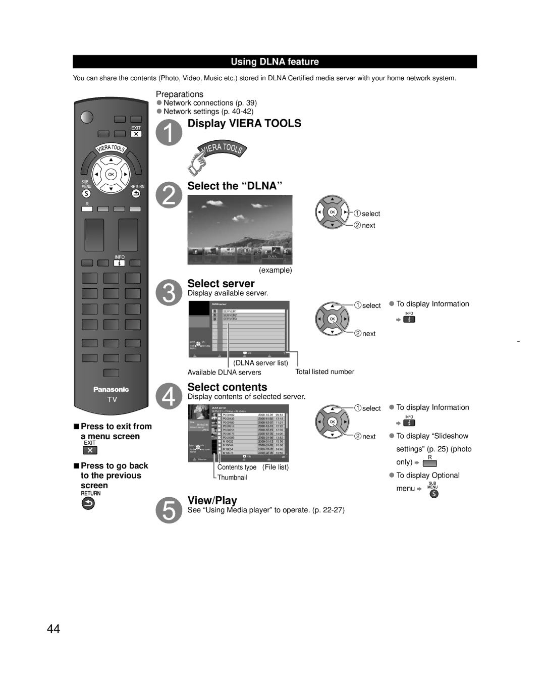 Panasonic TC-L32X30 owner manual Display Viera Tools Select the Dlna, Select server, Select contents, View/Play 