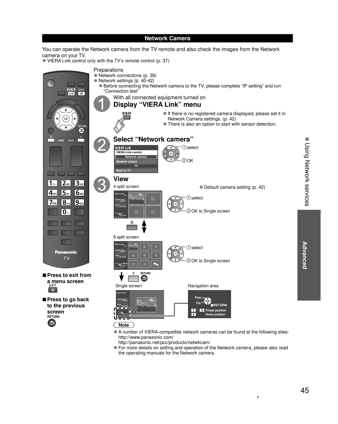 Panasonic TC-L32X30 owner manual Display Viera Link menu, Select Network camera, View, Services, Network Camera 