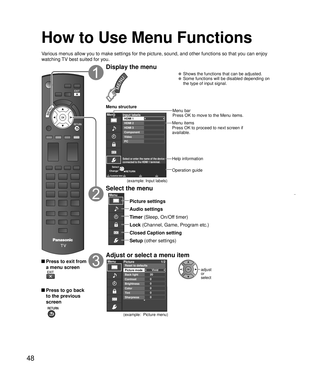 Panasonic TC-L32X30 owner manual How to Use Menu Functions, Display the menu, Select the menu, Adjust or select a menu item 