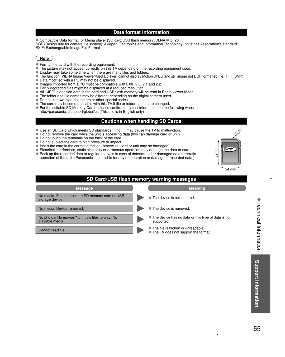 Panasonic TC-L32X30 owner manual Technical Information Support Information, Data format information 