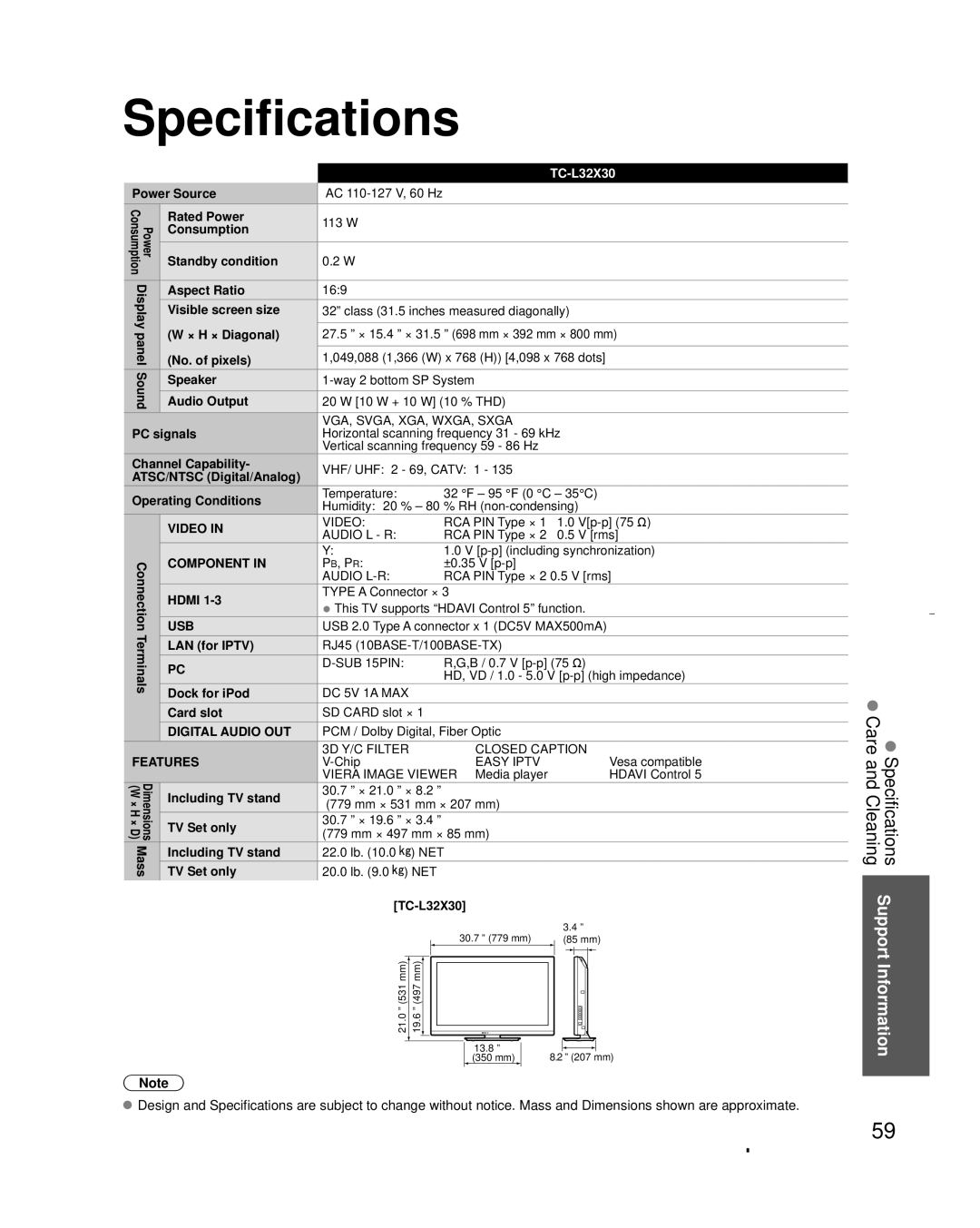 Panasonic TC-L32X30 owner manual Specifications 