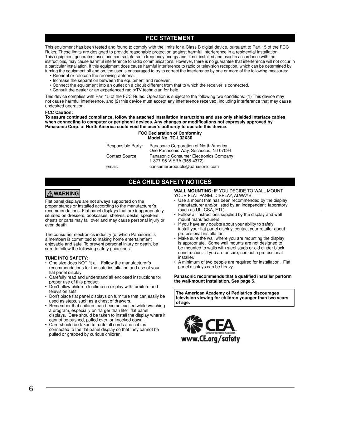 Panasonic TC-L32X30 owner manual Responsible Party Panasonic Corporation of North America, Contact Source, Viera 