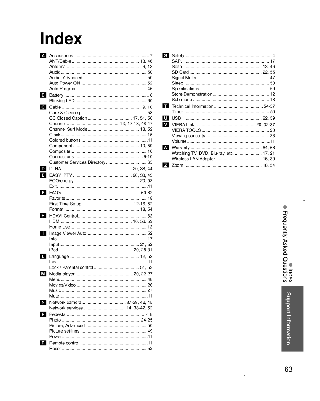 Panasonic TC-L32X30 owner manual Frequently Asked QuestionsIndex Support Information 