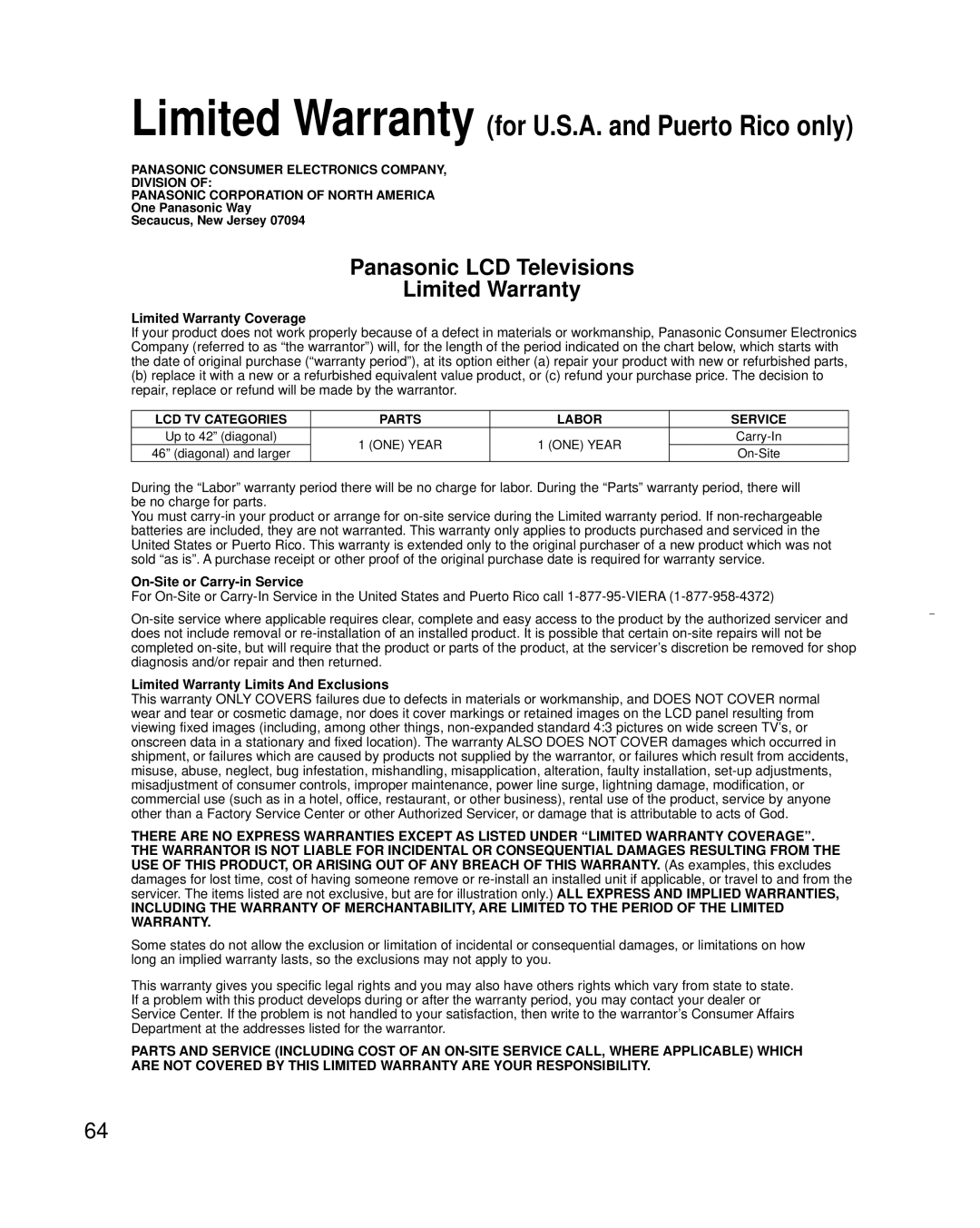 Panasonic TC-L32X30 Limited Warranty Coverage, On-Site or Carry-in Service, Limited Warranty Limits And Exclusions 