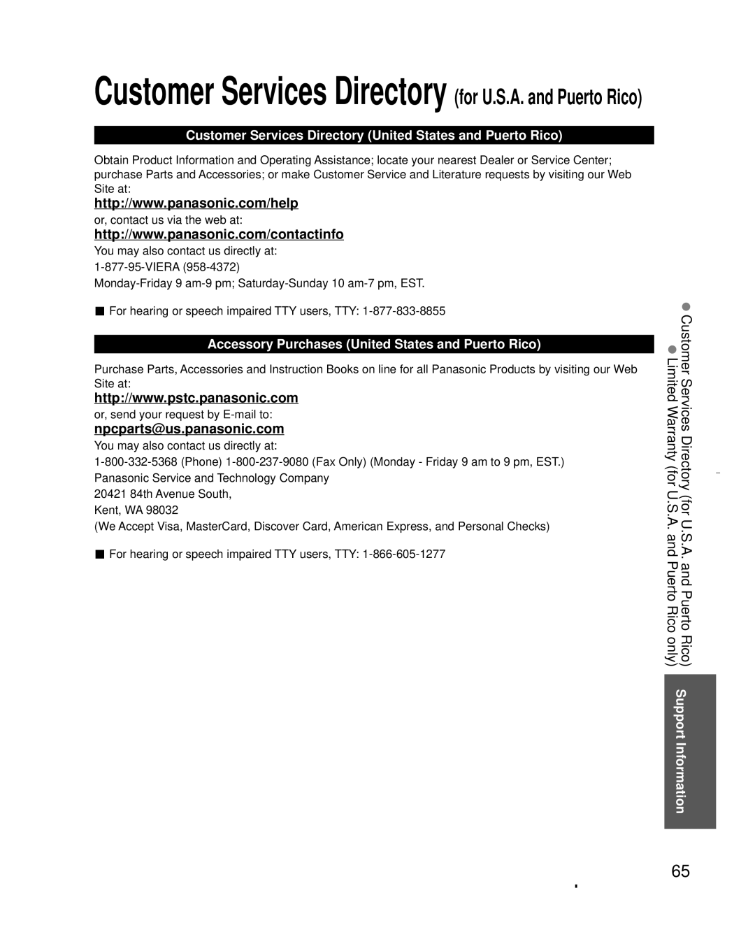 Panasonic TC-L32X30 owner manual Customer Services Directory United States and Puerto Rico 