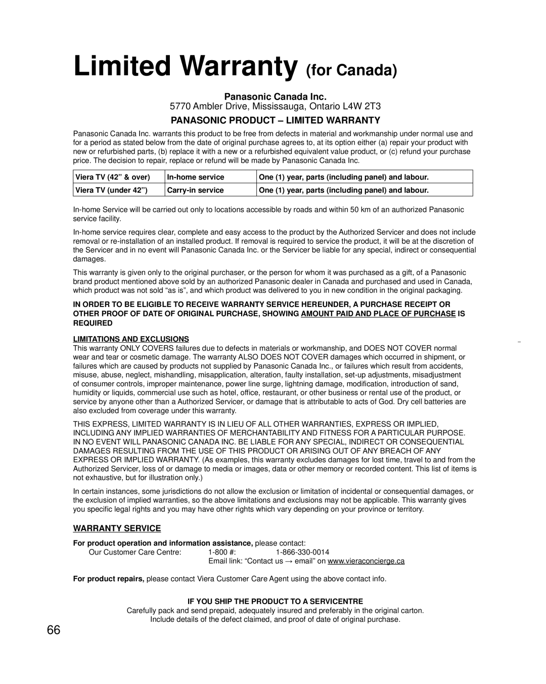 Panasonic TC-L32X30 owner manual Limited Warranty for Canada, Panasonic Product Limited Warranty 