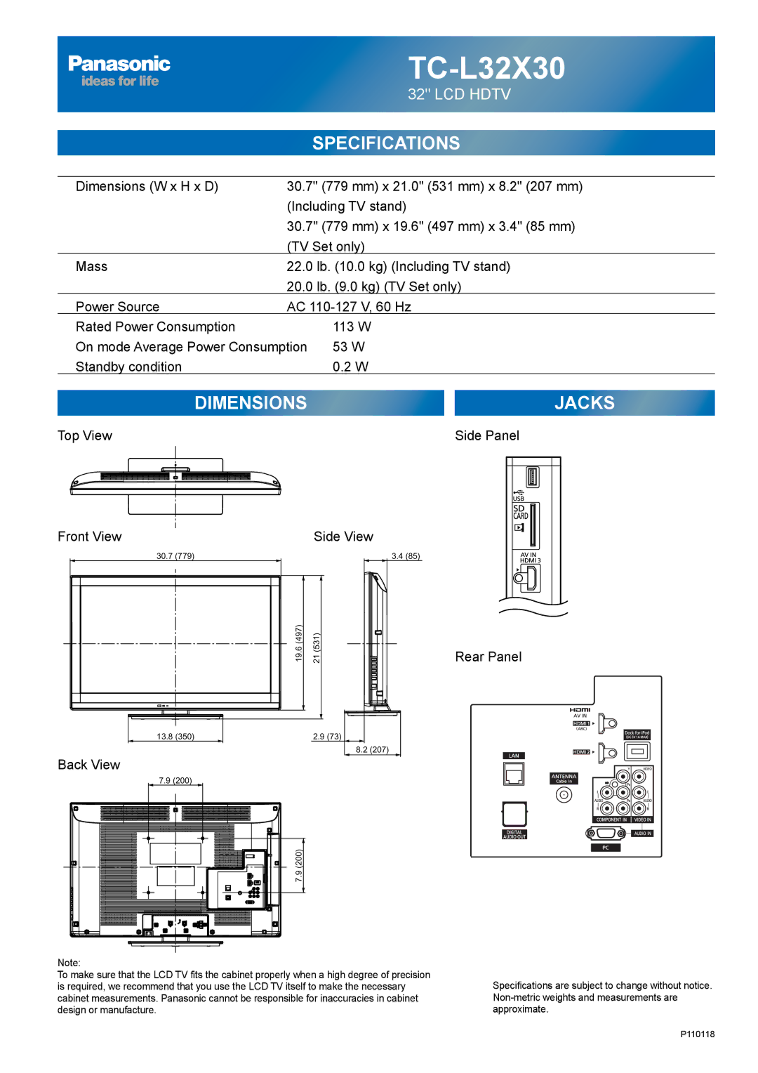 Panasonic TC-L32X30 owner manual Top View Side Panel Front View Side View, Back View, Rear Panel 