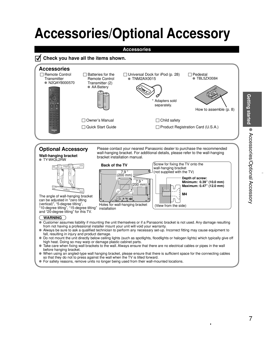 Panasonic TC-L32X30 owner manual Accessories, Optional Accessory, Wall-hanging bracket, Back of the TV 