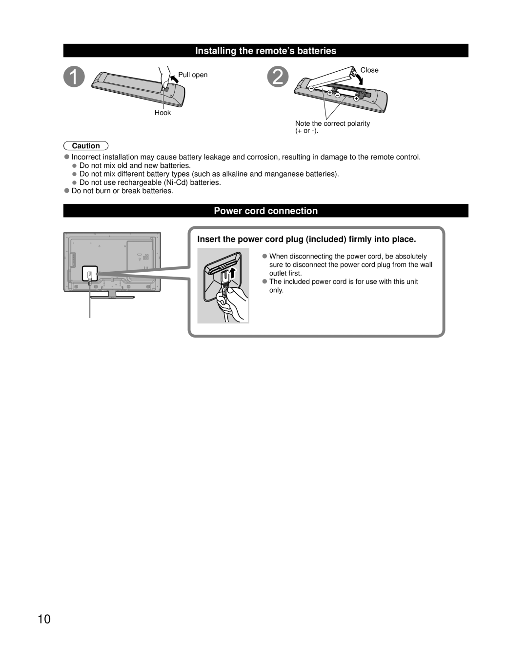 Panasonic TC-L32X5 owner manual Installing the remote’s batteries, Power cord connection 