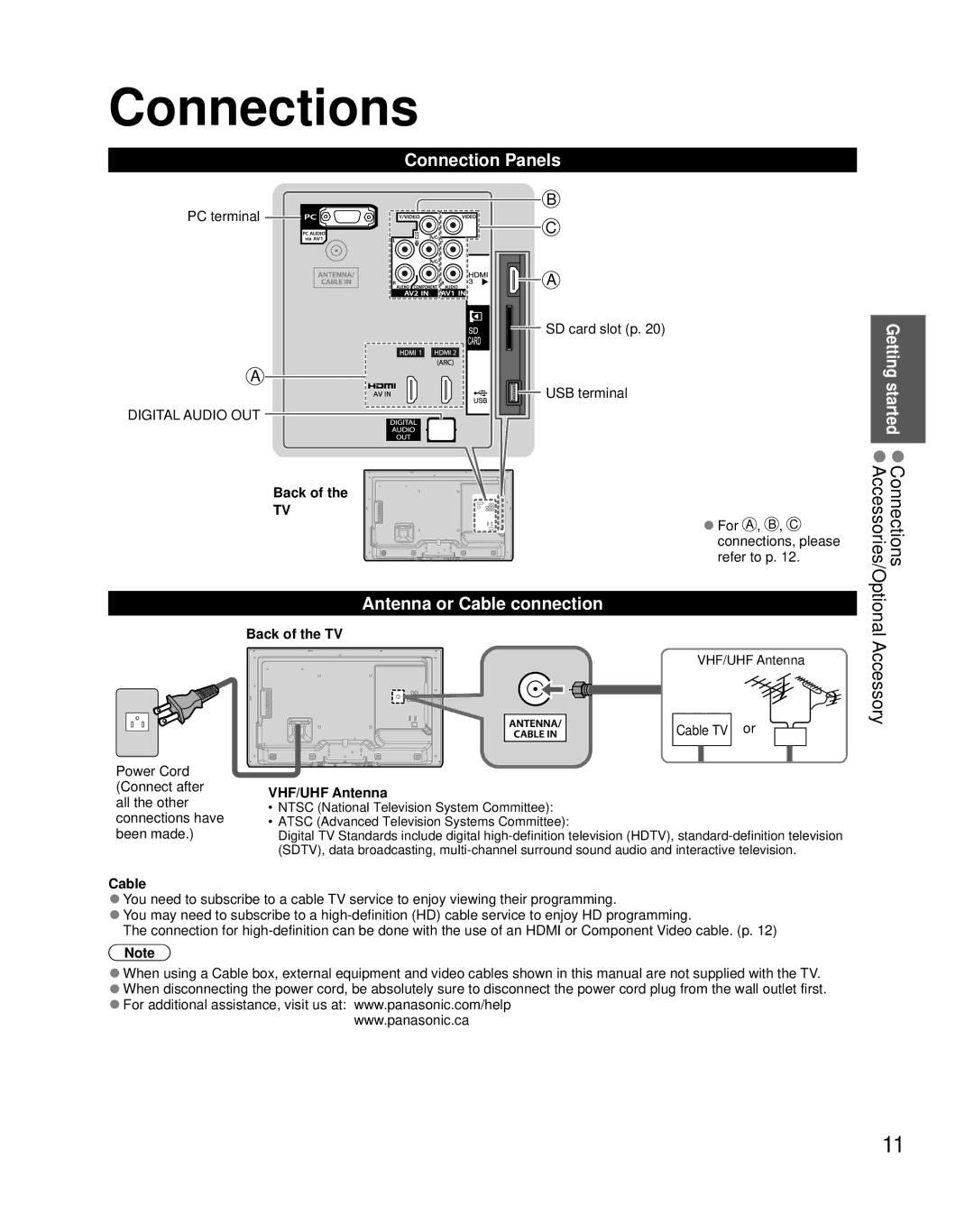 Panasonic TC-L32X5 owner manual Connections, Accessory, Connection Panels, Antenna or Cable connection 