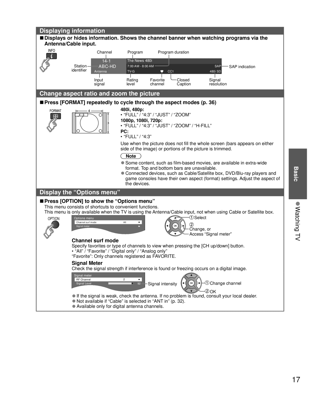 Panasonic TC-L32X5 owner manual Displaying information, Change aspect ratio and zoom the picture, Display the Options menu 