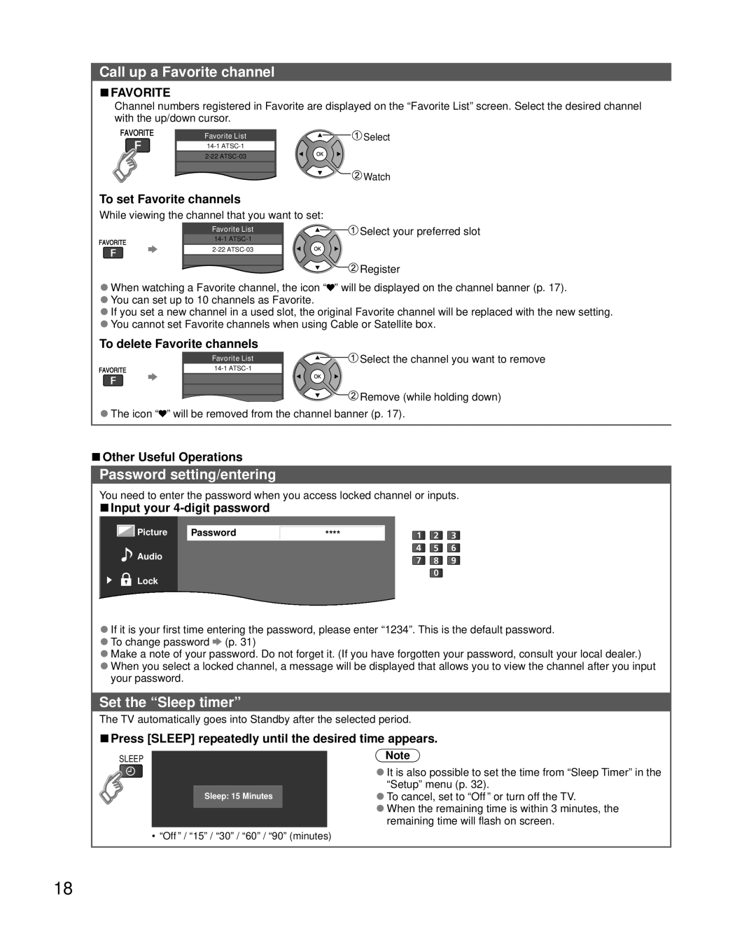 Panasonic TC-L32X5 owner manual Call up a Favorite channel, Password setting/entering, Set the Sleep timer 