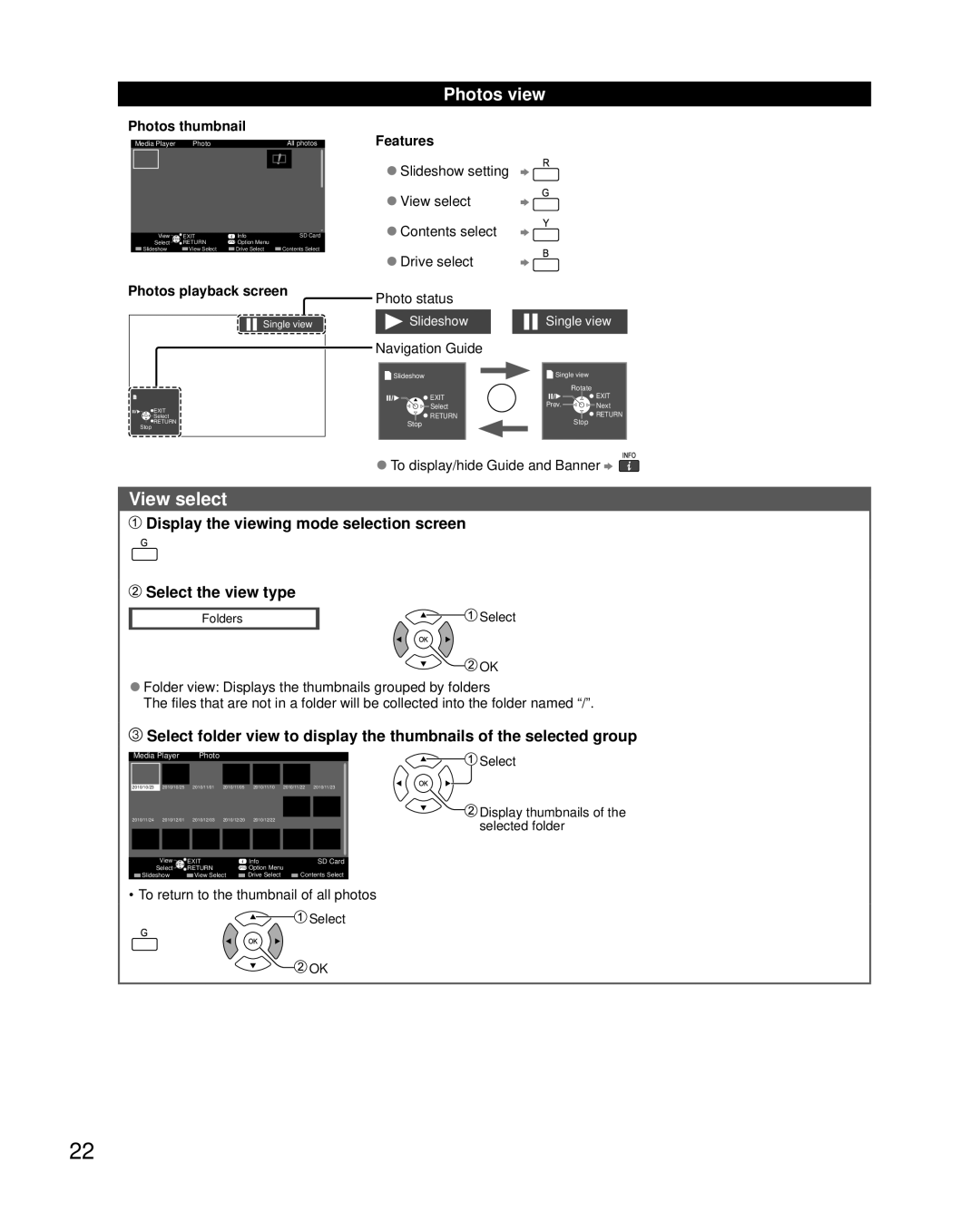 Panasonic TC-L32X5 owner manual View select, Photos view, Photos thumbnail, Photos playback screen, Features 