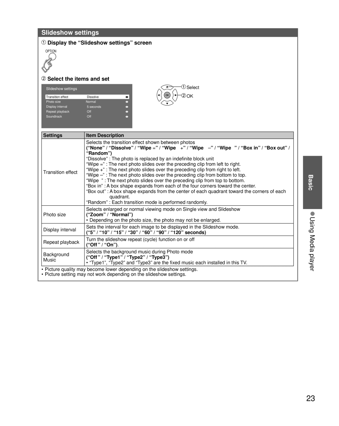 Panasonic TC-L32X5 Basic Using Media player, Display the Slideshow settings screen, Select the items and set 