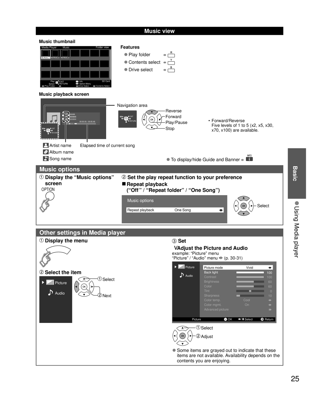 Panasonic TC-L32X5 owner manual Other settings in Media player, Music view, Music options, Basic Using 