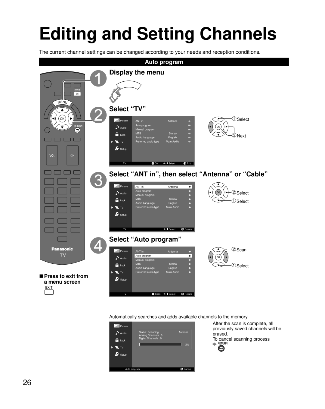 Panasonic TC-L32X5 Editing and Setting Channels, Display the menu, Select TV, Select ANT in, then select Antenna or Cable 