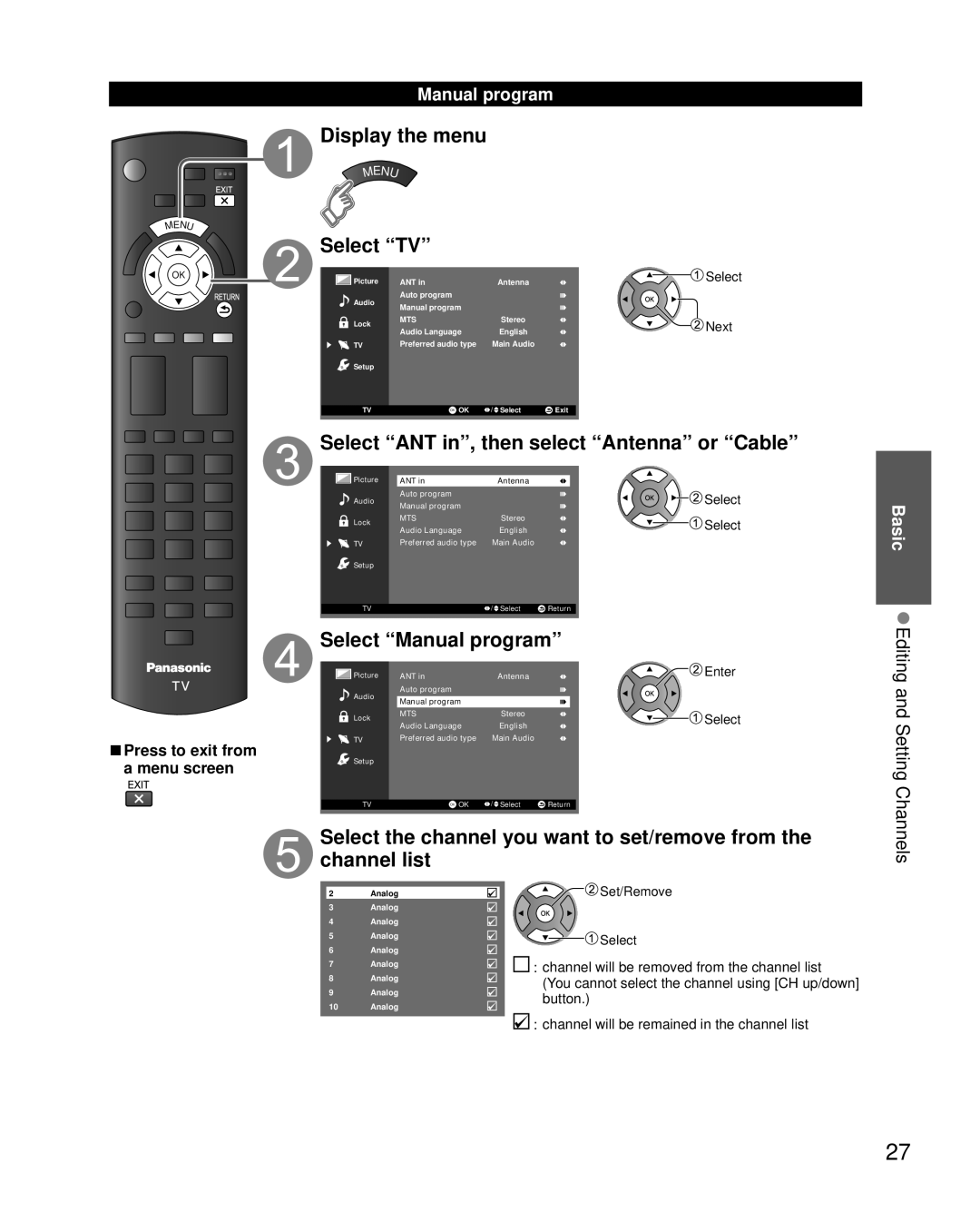 Panasonic TC-L32X5 owner manual Display the menu Select TV, Basic Editing and Setting Channels, Manual program 