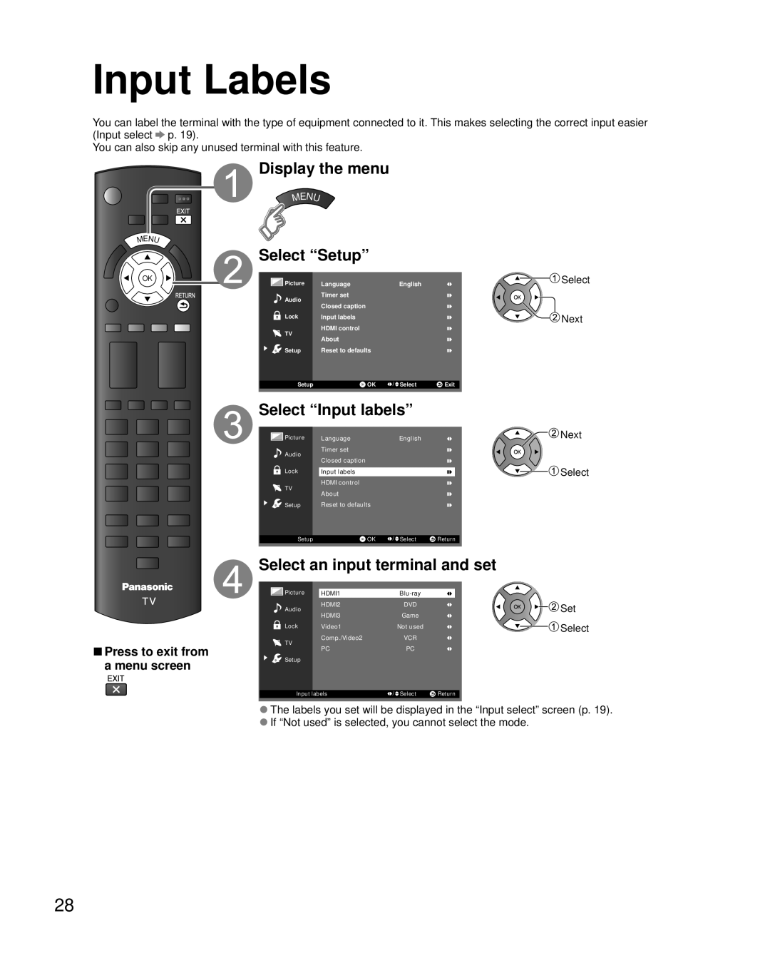 Panasonic TC-L32X5 owner manual Input Labels, Select Setup 