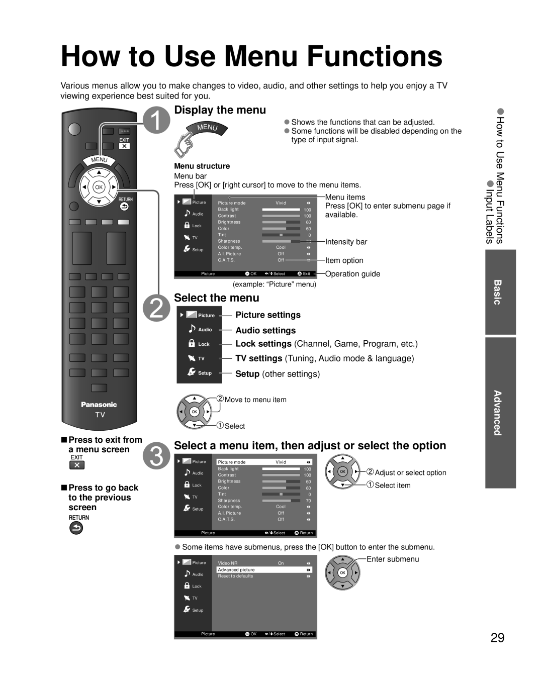 Panasonic TC-L32X5 owner manual How to Use Menu Functions, Select a menu item, then adjust or select the option, Advanced 