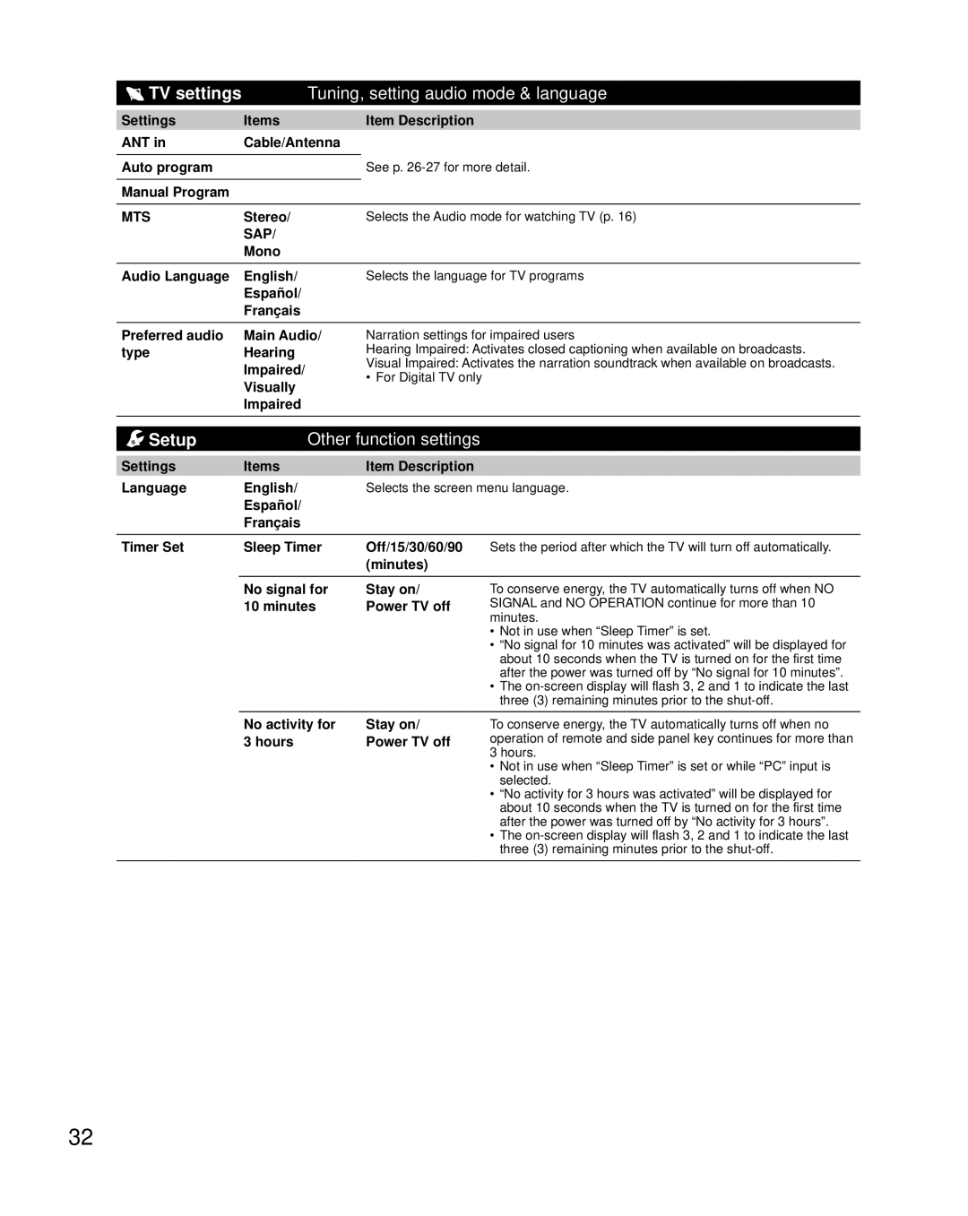 Panasonic TC-L32X5 owner manual TV settings Tuning, setting audio mode & language, Setup Other function settings 