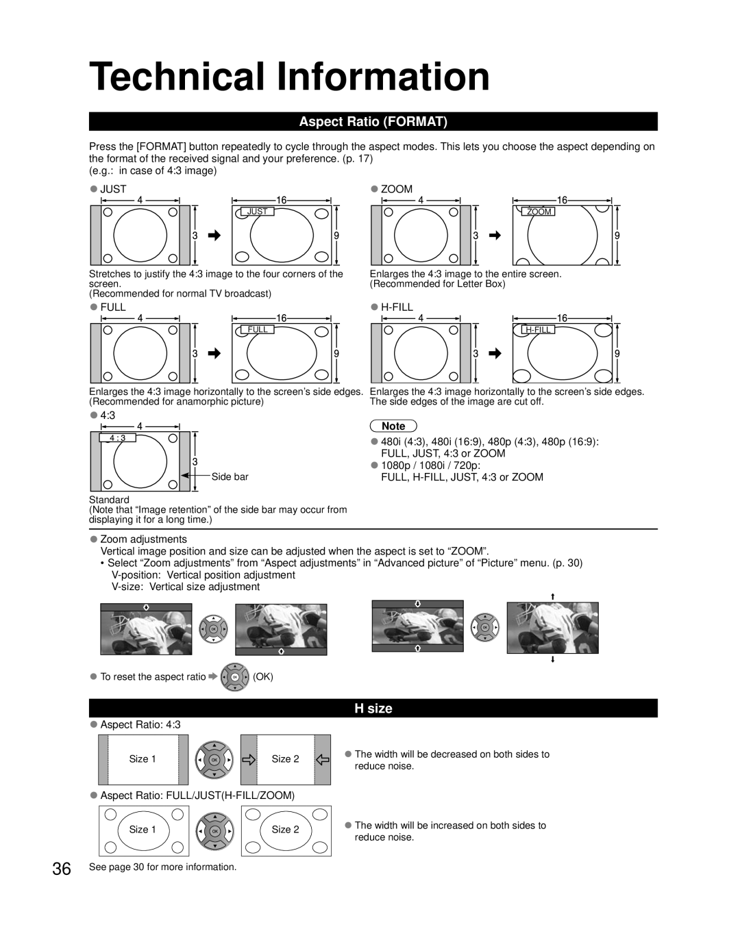 Panasonic TC-L32X5 owner manual Technical Information, Aspect Ratio Format, Size, Aspect Ratio FULL/JUSTH-FILL/ZOOM 