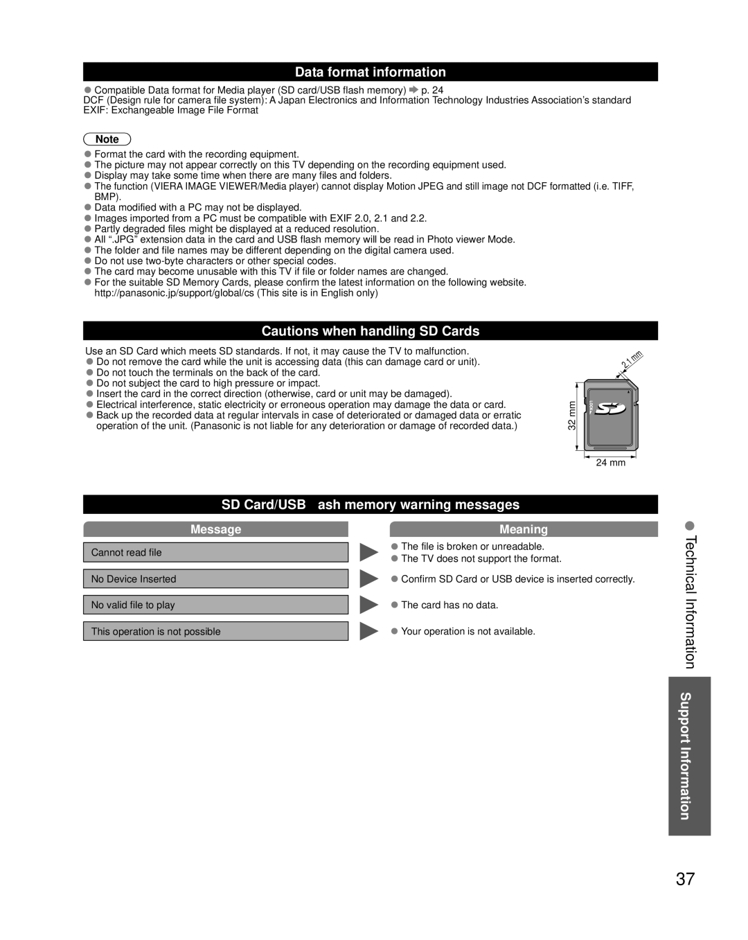 Panasonic TC-L32X5 owner manual Technical Information Support Information, Data format information 