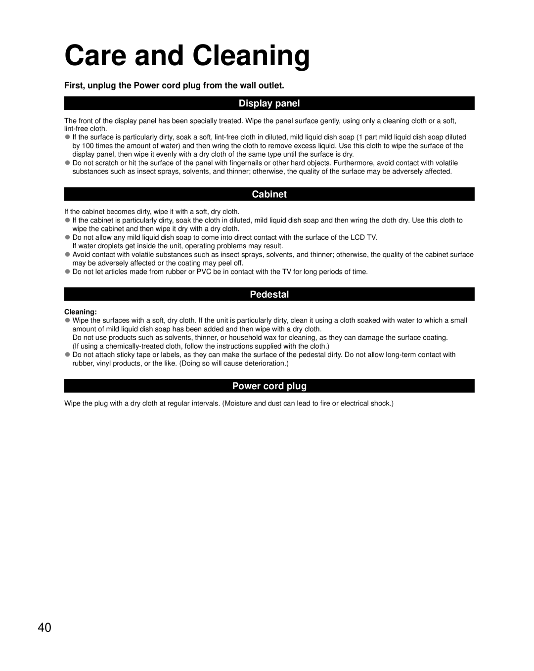 Panasonic TC-L32X5 owner manual Care and Cleaning, Display panel, Cabinet, Pedestal, Power cord plug 