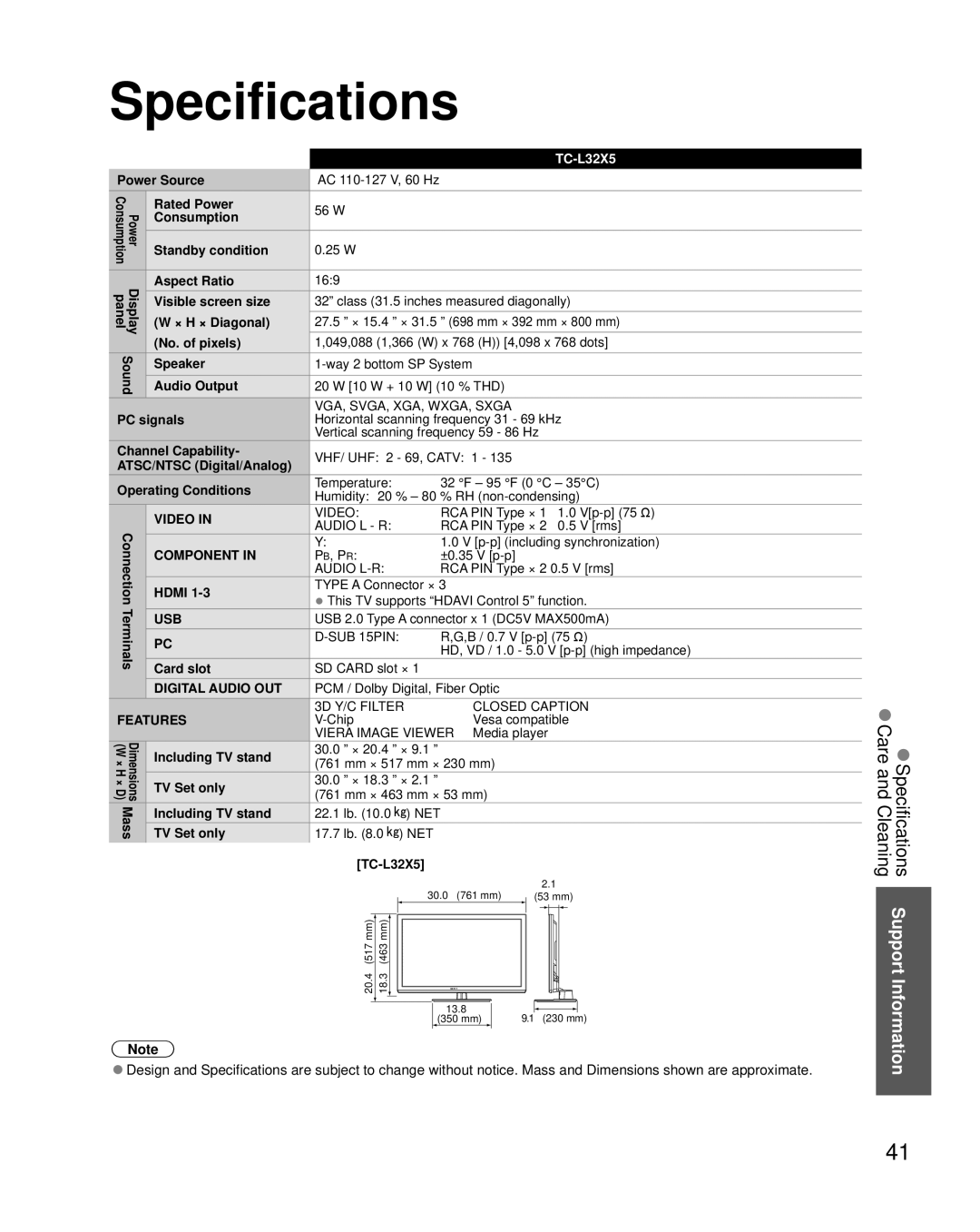 Panasonic TC-L32X5 owner manual Specifications 