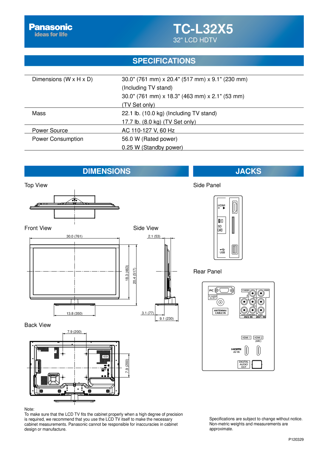 Panasonic TC-L32X5 owner manual Top View Side Panel Front View, Side View, Rear Panel, Back View 