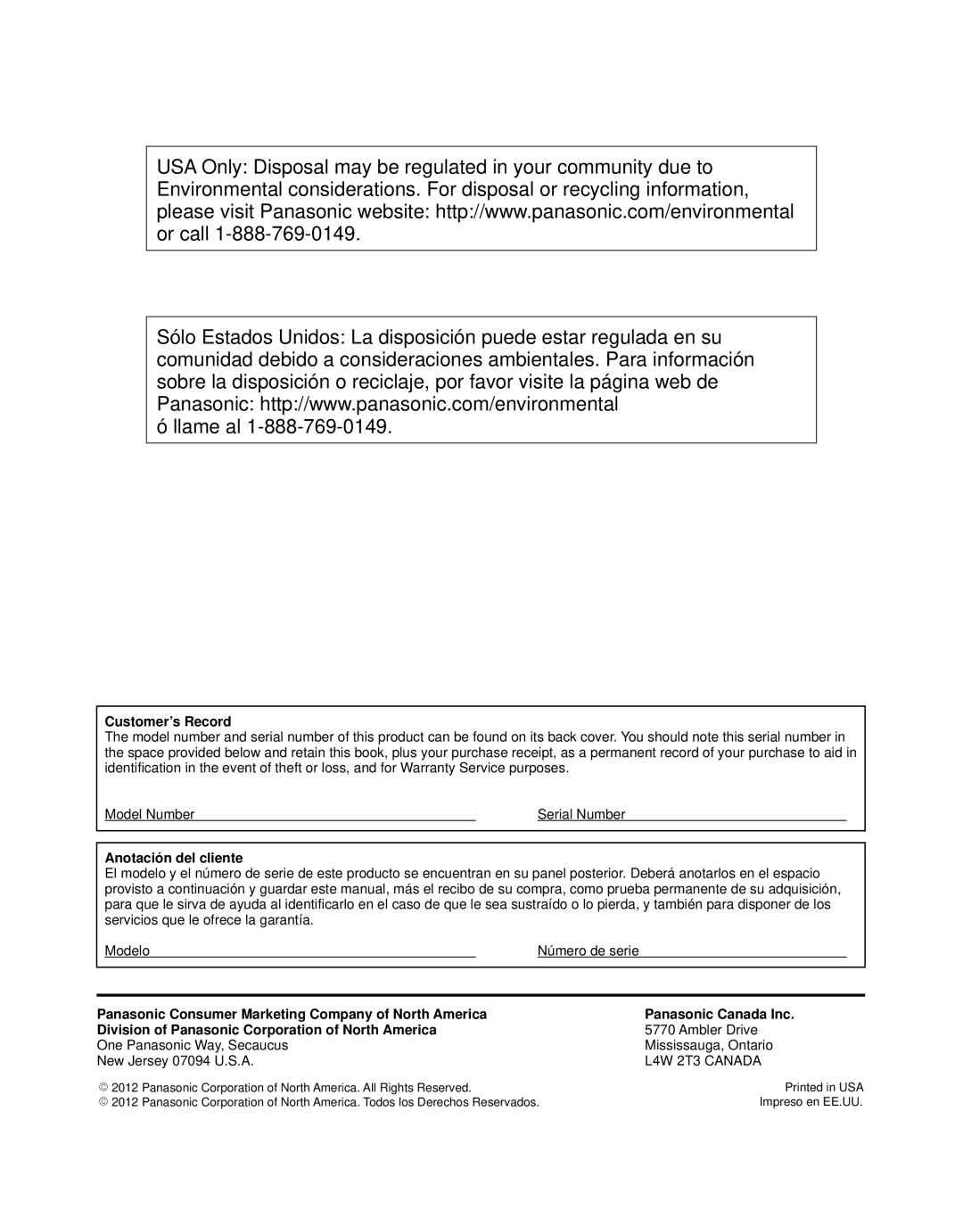 Panasonic TC-L32X5 owner manual Customer’s Record, Anotación del cliente, Ambler Drive 