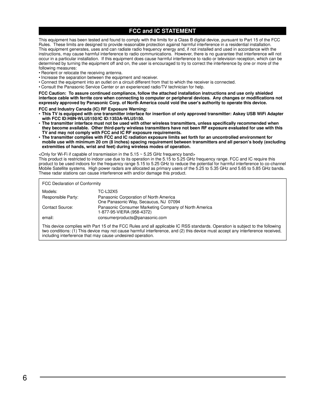 Panasonic TC-L32X5 owner manual FCC and IC Statement 