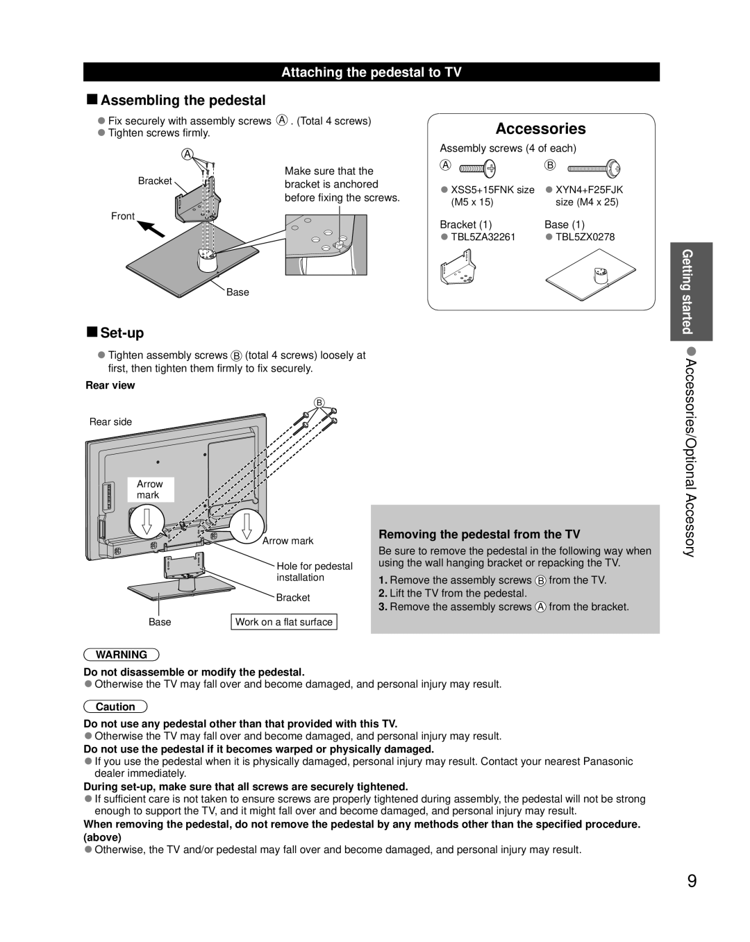 Panasonic TC-L32X5 Accessories/Optional Accessory, Attaching the pedestal to TV, Removing the pedestal from the TV 