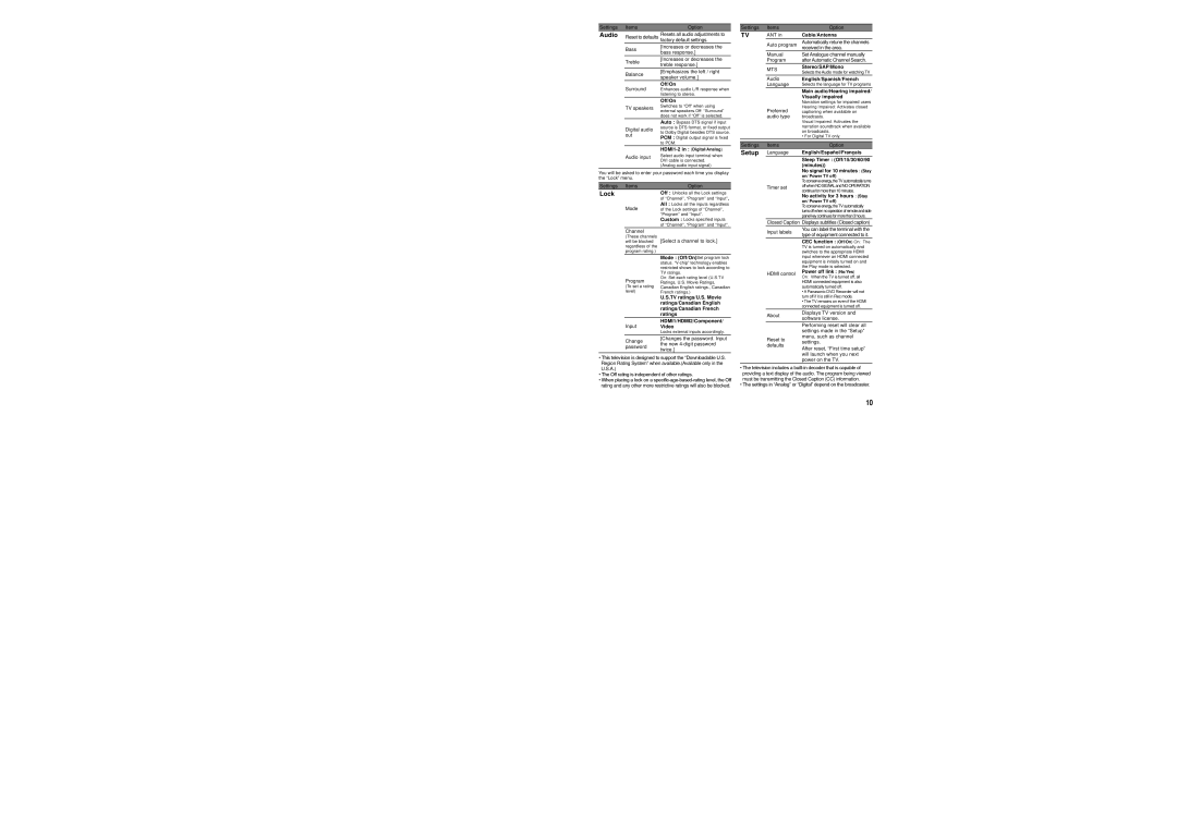 Panasonic TC-L32XM6 user service Audio, Lock, Setup 