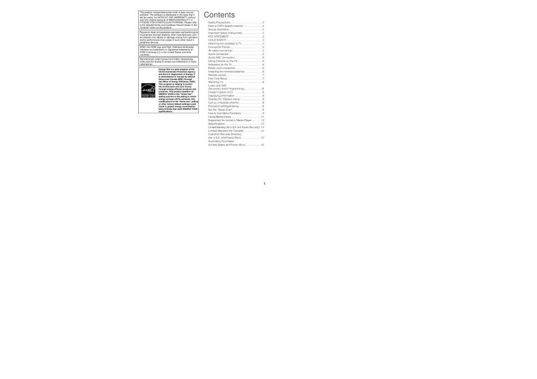 Panasonic TC-L32XM6 user service Contents 