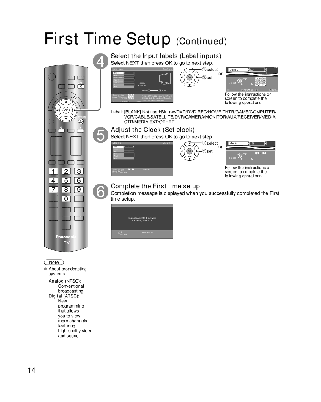 Panasonic TC-L37C22 Select the Input labels Label inputs, Adjust the Clock Set clock, Complete the First time setup 