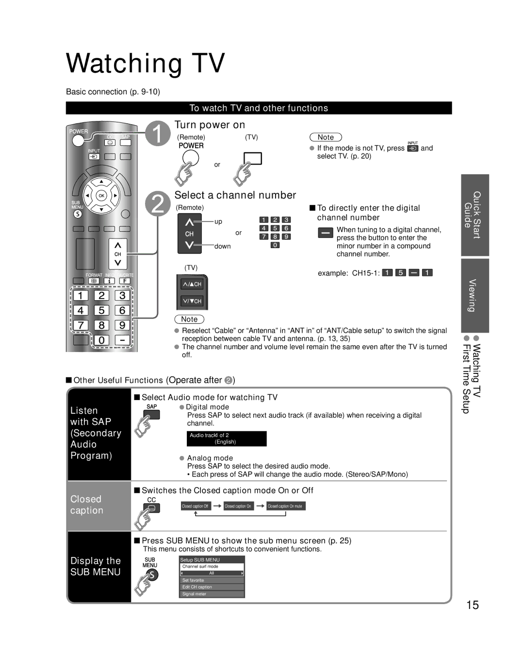 Panasonic TC-L37C22 Watching TV, Turn power on, Select a channel number, Listen with SAP Secondary Audio Program 