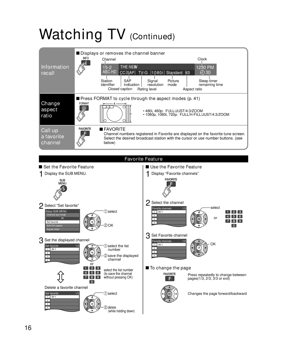 Panasonic TC-L32C22, TC-L37C22 Information, Recall, Change aspect ratio Call up, Favorite channel, Favorite Feature 