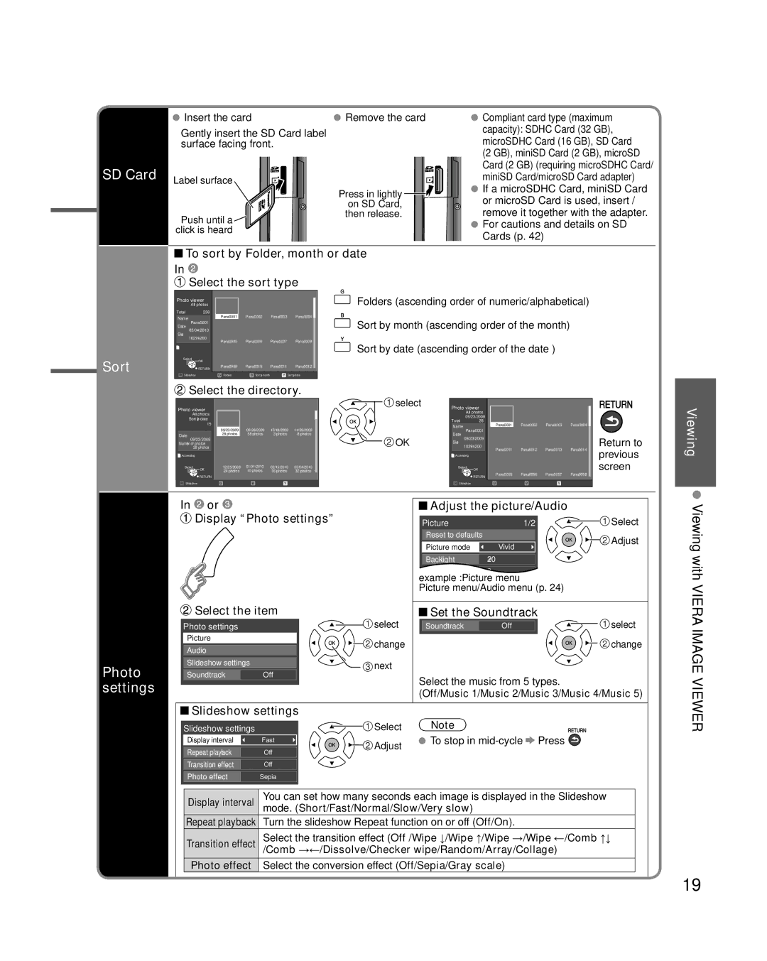 Panasonic TC-L32C22, TC-L37C22 quick start SD Card, Sort, Photo settings 